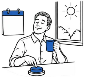 Un señor despliega con una mano y un café en la otra